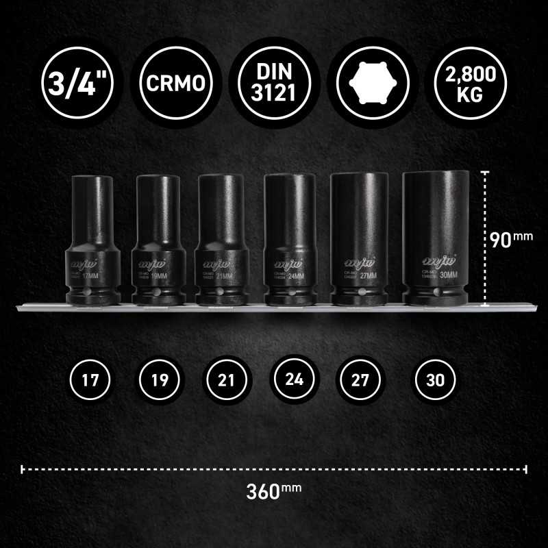 MJW 3/4″ Schlagschrauber-Nuss-Set lang 17–30 mm (6-tlg) | Piaskraft